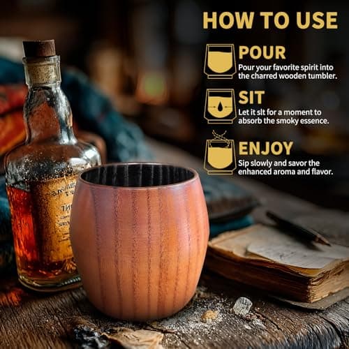 Charred Wooden Bourbon Drinking Glass, Bourbon Gifts for Men - 10 oz Charred Wooden Old Fashioned Glass Whiskey Tumbler | Birthday Whiskey Gifts for Men, Dad or Brother | Original Bourbon Tumbler - Thumbnail 5
