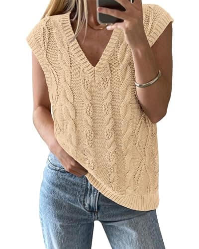 BTFBM Sweater Vest Women Oversized V Neck Cable Knit Casual Pullover Sweaters Fall Outfits 2025 Sleeveless Tops(Light Khaki, Large) - Image 1