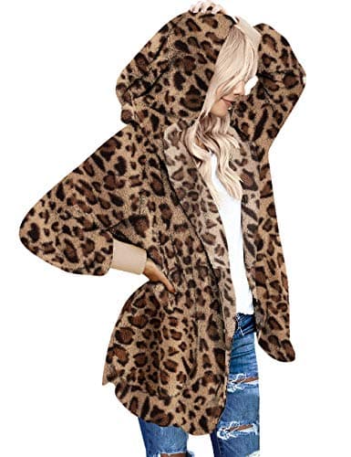 LookbookStore Womens Cardigan 2026 Winter Oversized Open Front Fleece Hooded Draped Pockets Jacket Coats Leopard XX-Large - Image 1