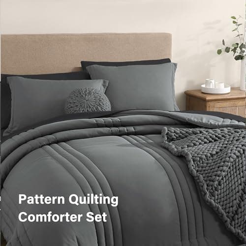 Monbix California King Size Comforter Set - 7 Pieces Bed in a Bag California King, Grey Bedding Sets with Comforter, All Seasons Comforter Bed Set with Sheets, Pillowcases & Shams - Thumbnail 3