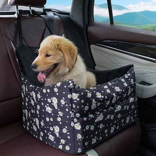 Cullaby Dog Car Seat for Small/Medium Dogs – Elevated Booster Seat with Detachable, Washable Cover, Safety Belts, and Storage Pockets Car Back Seat (Black Daisy, 15.75 * 17.72 * 9.84") - Image 1