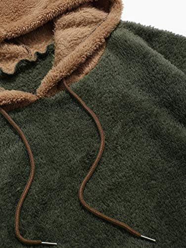 ZAFUL Color Blocking Fuzzy Hoodie Unisex Men Sherpa Pullover Loose Fluffy Sweatshirt (Army green-B, XL) - Thumbnail 3