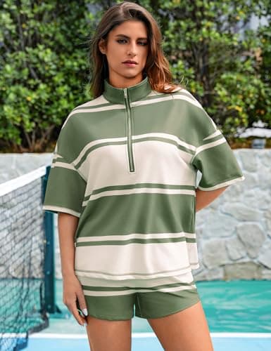 Totatuit Women Striped Workout Set Two Piece Outfit Tracksuit Oversized Lounge Set Top and Shorts Sets with Pockets (Army Green,Large) - Thumbnail 3