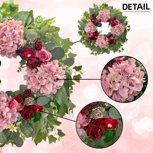 HipTree 24 Inch Spring Wreaths for Front Door,Handmade Pink Burgundy Silk Hydrangeas & Roses Floral Wreath for Mothers Day Valentines Day Decorations,Indoor Outdoor and Wall Decor - Thumbnail 2