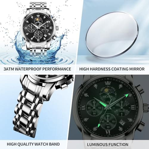 OLEVS Watch Men,Black and Silver Watches for Men,Men's Silver Watch Black Face,Chronograph Moon Phase Mens Wristwatch with Date Luxury,Dress Man Wristwatch,Relojes De Hombre - Thumbnail 6