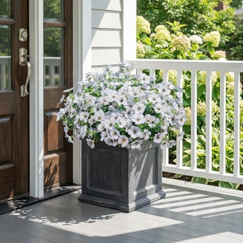 Enlightcode Artificial Mums for Outdoors, Faux Mums of Fake Flowers for Outdoor Planters, No Fade Vibrant Artificial Flowers for Porch Patio Yard Decoration, 12 Bundles, White