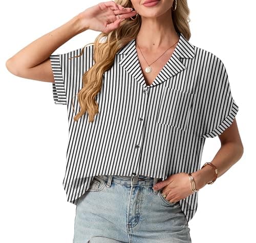 Mintreus Short Sleeve Button Down Shirt Women Rolled Cuffed Blouse Ladies Summer Casual V Neck Tops (Black White Striped-S) - Image 1