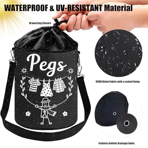 Clothes Pin Hanging Bag Outside with Hooks, Closing Cord and Shoulder Strap, Waterproof Clothespin Bag Holder Multiple Hanging Methods for Clothesline Laundry Peg Clip Organizer Outdoor Storage Use - Thumbnail 4