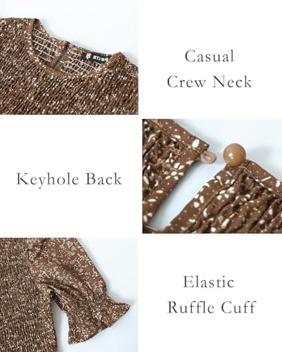 BTFBM Women Casual Summer Dresses 2026 Spring Crew Neck Ruffle Short Sleeve Smocked Floral Boho Flowy Maxi Dress Clothes(Floral Coffee White, Medium) - Thumbnail 5