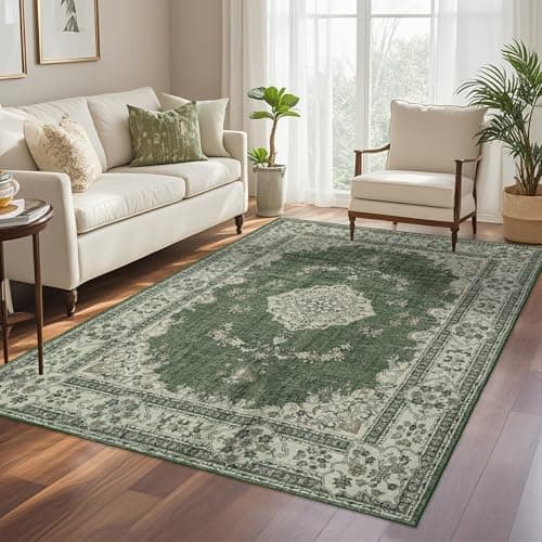 Brevonox 6x9 Area Rugs Washable: Oriental Soft Area Rug for Living Room Bedroom No Shedding - Low Pile Thin Carpet Rug for Dining Room Non Slip - Boho Vintage Rug for Home Decor - Olive Green - Thumbnail 3