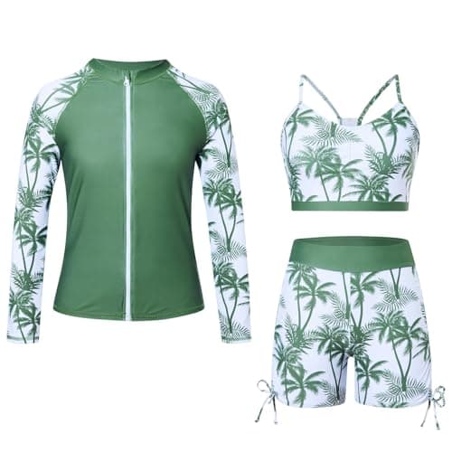 Funnycokid Girls Swimsuit Size 7 8 Green Coconut Tree Rash Guard Zip Kids Boyshorts Bathing Suit Long Sleeve Bikini Black Swimwear 3 Pieces - Image 1