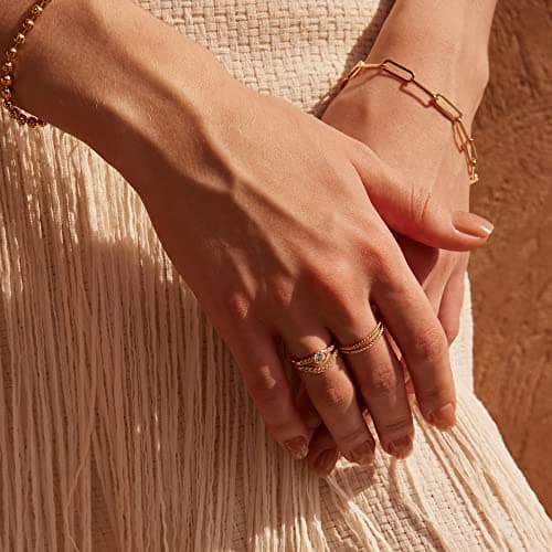 Valloey Rover 14K Gold Thin Beaded Rings, Full Bead Sterling Twisted Rope Wedding Band Stacking Ring for Women - Thumbnail 4