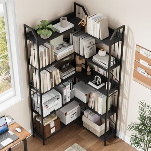 GarveeHome Corner Bookshelf 72" L Shaped Bookcase, Corner Bookshelves Industrial Bookcase 5 Tier L-Shape Bookshelf, Large Bookcases with Beaded Design Tall Display Rack Shelf for Living Room Bedroom - Thumbnail 4