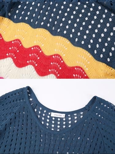 VIAURBE Women's Swimsuit Crochet Cover Up V Neck Hollow Out Bathing Suit Coverup Color Block Side Split Mini Dress Dark Blue L - Thumbnail 4