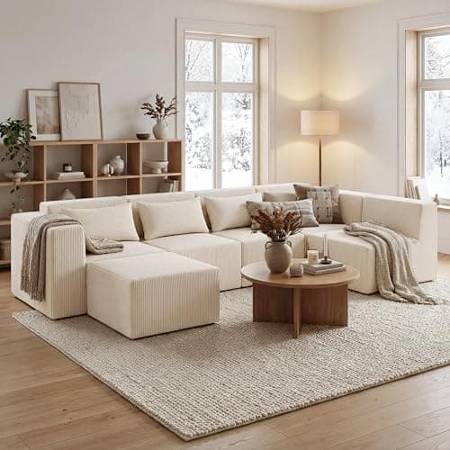Minimalist Modular Corduroy Cloud Couch Sectional – Oversized Boneless Memory Foam Sofa for Living Room, Modern Comfy Couch, No Assembly Needed (U Shaped Sofa, Beige) - Image 1