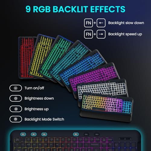 COLIKES Wireless Keyboard and Mouse Combo, Ergonomic Wave, 9 RGB Backlit Effects, Leather Wrist Rest, Rechargeable 2.4G Silent Set for Computer/Windows/Mac, Black - Thumbnail 4
