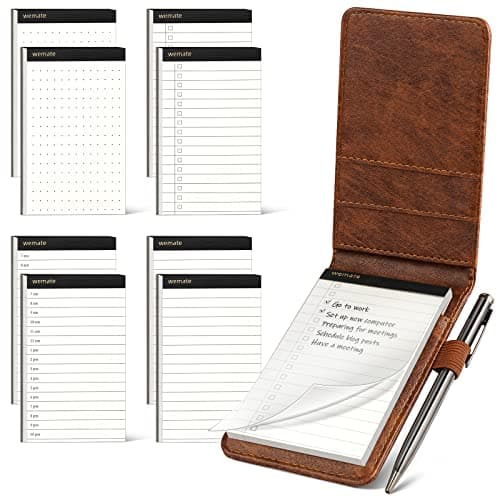 WEMATE 10 Pieces Notepad Holder Set Pocket Notebook - Included Mini Pocket Notepad Holder Set with 8 Memo Book Refills and Metal Pen for Meetings, Daily Records, and Notes 3 x 5 Inch (Brown)