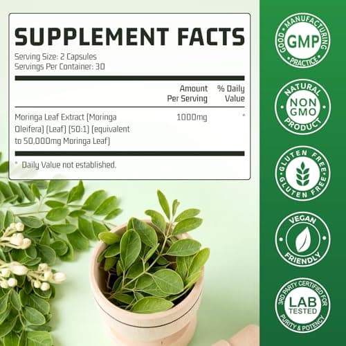 Nature Echo Moringa Capsules 1000mg, 50:1 High Potency Extract- Superfood Supplement - Vegan, Non-GMO, Gluten Free - 120 Capsules - Thumbnail 2