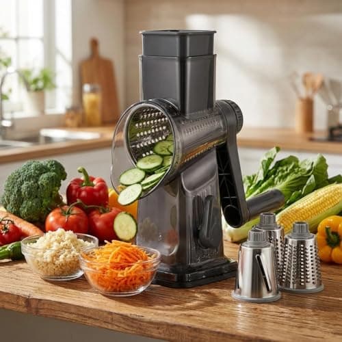 Spylandy Rotary Cheese Grater, 3-in-1 Manual Vegetable Slicer with Handle, Safer Kitchen Mandoline Shredder with Suction Base for Cheese, Nuts, Potatoes & Salads – Easy to Clean (Black) - Thumbnail 2