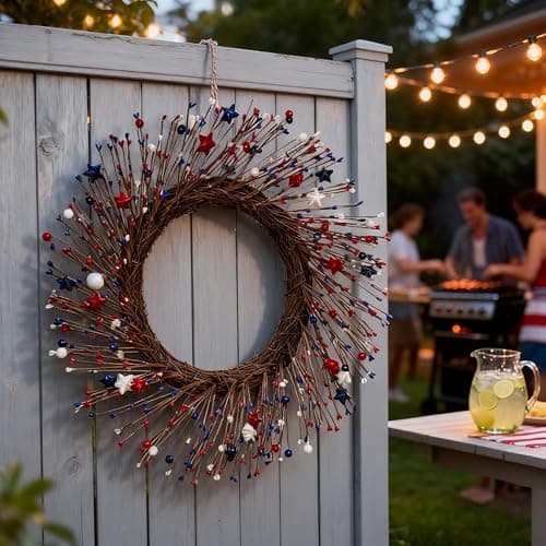 HipTree 20 Inch Patriotic Wreath for Front Door, 4th of July Wreath with Red White Blue Stars & Sprouts for Memorial Day, Independence Day,Veterans Day, Flag Day,Summer Decorations - Image 1