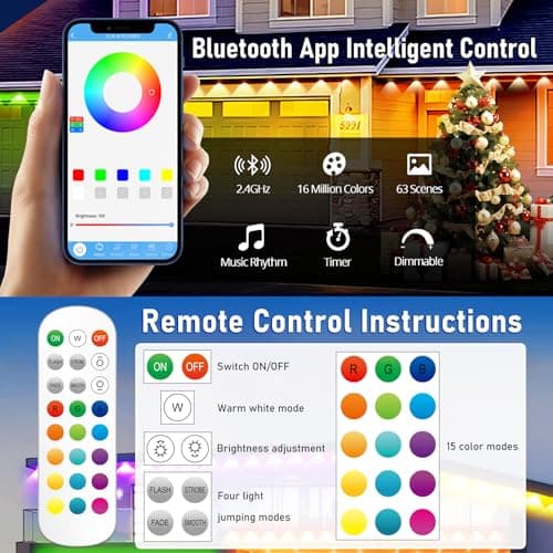 MUCCCUTE Permanent Outdoor Lights for Holidays Valentines 150ft RGB House Light w/App & Remote Control Smart Rainbow LED IP67 Waterproof for New Year Christmas Roof Eaves Garden Décor All Year Around - Thumbnail 3