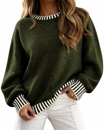 KIRUNDO Oversized Sweaters for Women 2026 Long Sleeve Crewneck Fall Tops Contrast Chunky Knit Pullover Winter Clothes(Army Green, X-Large) - Image 1