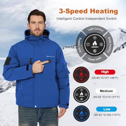 Brimekey Graphene Heated Jacket for Men, Fast Charge 20000mAh Large Capacity, Men's Heated Jacket with Fleece Lining, 6 Heating Zones Windproof Waterproof Soft Shell Hoodie Jackets Skiing Hunting - Thumbnail 4
