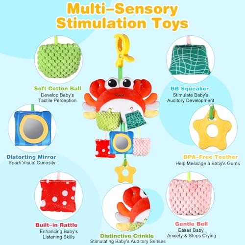 ACGROW Car Seat & Stroller Toys for Baby, Sensory Toy for Babies, Crib Toys Hanging with Clip, Bell, Drawstring, Crinkle, Teether, Carseat Toys for Travel Gift Boys Girls Crab - Thumbnail 3