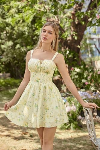 Scarlet Darkness Floral Corset Dress Sundresses for Women 2026 Summer Mini Graduation Dress Yellow Green Floral 2XL - Thumbnail 2