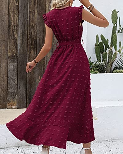 BTFBM Boho Dresses for Women 2026 Summer Fashion Cap Sleeve Swiss Dot Flowy Ruffle Beach Wedding Cocktail Maxi Dress(Wine Red, Large) - Thumbnail 4