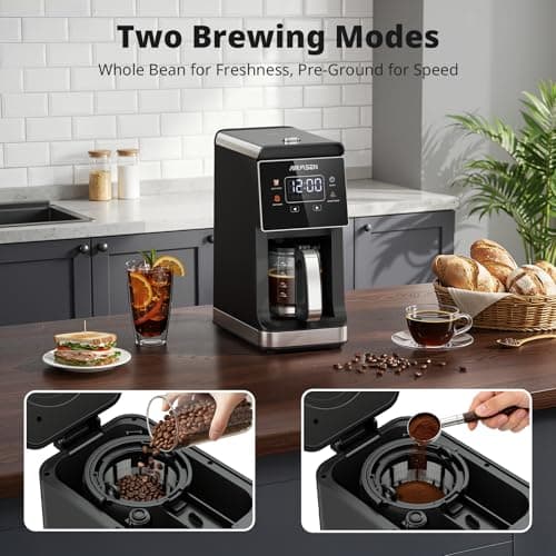 AIRMSEN Grind & Brew Coffee Maker with Built-in Grinder, Programmable Single Serve Coffee Maker - 5 Cup Capacity, 3 Grind Settings, Auto Keep Warm & Glass Carafe for Home and Office - Thumbnail 3