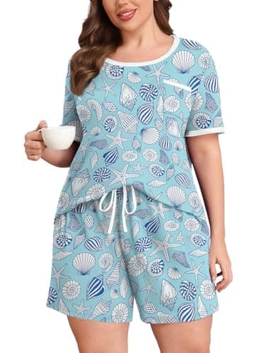 Lastshe Plus Size Pajamas Set for Women 2 Piece Soft Short Sleeve Shorts with Pockets Pjs Lounge Set Loungewear,Light Blue Shells-3X - Image 1