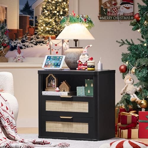 LEYAOYAO Rattan Nightstands with Charger Station, 23" Wide Boho Night Stand with 2 Drawers, Black Bedside Table Open Shlef, Bed Side End Table Dresser for Bedroom, Living Room Hallway - Image 1