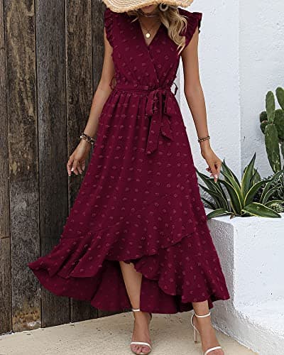 BTFBM Boho Dresses for Women 2026 Summer Fashion Cap Sleeve Swiss Dot Flowy Ruffle Beach Wedding Cocktail Maxi Dress(Wine Red, Large) - Thumbnail 3