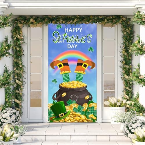 Printspree St. Patrick's Day Door Cover 6x2.9ft Festive Shamrock and Gold Pot Design - Decoration for Irish Party, Indoor Outdoor Door Frame, Rainbow and Clover Theme for Celebrations - Image 1