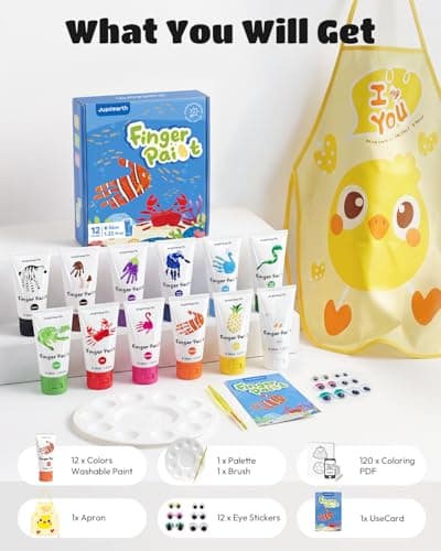 JUPITEARTH 28 PCS Finger Paint, Baby Safe Paints for Hand and Feet, Washable Paint for Kids, Non-Toxic 12 Vibrant Colors (1.22fl oz/36ml ) , Palette, Apron, Brush, Eye Stickers, Safe Preschool Art Supplies for Kids - Thumbnail 2