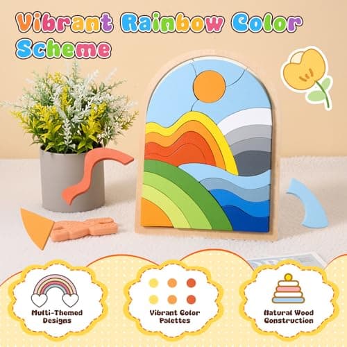 Safmord Montessori Wooden Shape Puzzles - Color Matching & Cognition Fun for Kids Over 3 Years Old, with Rainbow Blocks & Themes, Fine Motor Skill Building Toys & Gifts (3 Pack Colorful) - Thumbnail 3