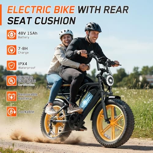TS TST GRP LLC Electric Bike for Adults,1500W Peak Motor Retro E Bike,Removable 48V 15Ah Battery,20" x4.0 Fat Tire,30 MPH Max Speed,60/100 Miles Range, Ebike with Suspension,UL 2849 Wheels Hub Yellow - Thumbnail 2