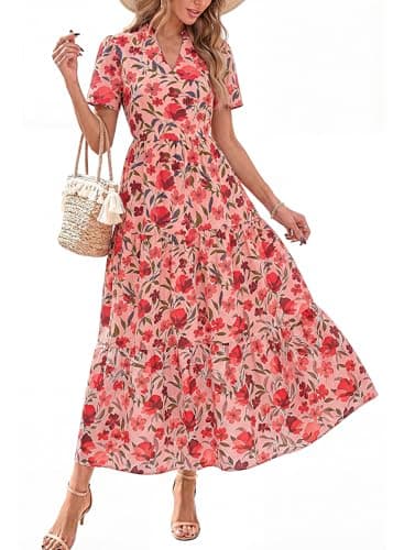 KIRUNDO Womens Summer Floral Maxi Dress Short Sleeve V Neck Boho Long Flowy Casual A Line Dresses 2026 Beach Vacation Outfits(Pink Red Flower, Small) - Image 1