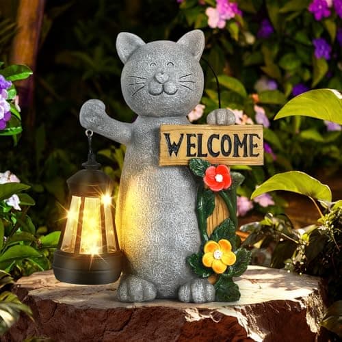 Json Garden Statue Solar Cat Figurine with Lantern, Solar Garden Decorations Statues for Patio, Balcony, Yard Ornament, Unique House Warming Gifts Figurine Lights, Gifts for Women, Mom - Image 1