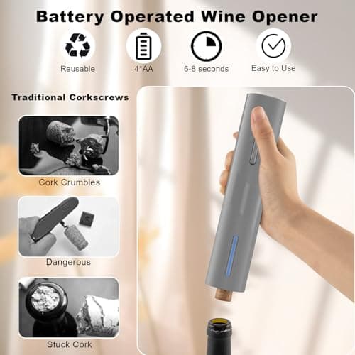 COKUNST Electric Wine Opener, Automatic Operation Corkscrew, Battery Operated Wine Bottle Opener with Foil Cutter, Wine Gift for Wedding Kitchen Party Home, Grey - Thumbnail 5