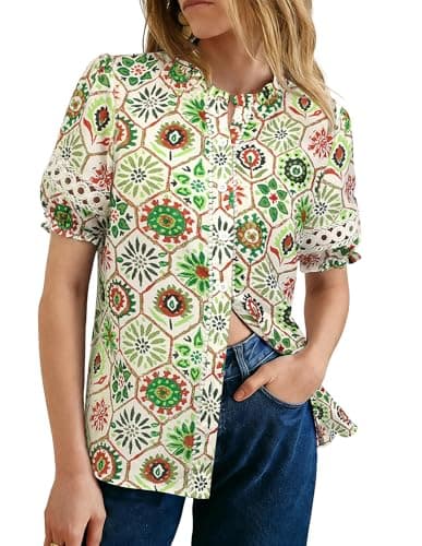 GRACE KARIN Women Boho Floral Tops, Summer Short Eyelet Sleeve Dressy Casual Shirts, Spring Button Down Blouse 2026 Trendy Green XX-Large - Image 1