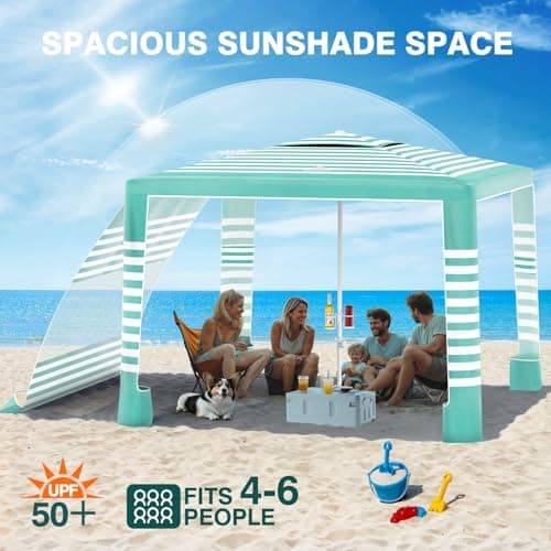 Rhino Valley Beach Cabana, 8 * 8FT Beach Tent UPF50+ Protection, Easy Setup Beach Canopy Wind Resistant with Cup Holder, Compact Beach Shade Foldable Beach Tent Sun Shelter, Green White - Thumbnail 4