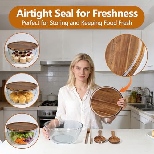 Anyvape Glass Salad Bowl Set, 4.8QT with Acacia Wood Lid & Utensils - Thumbnail 5