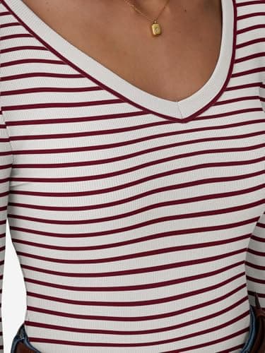 GKBK Womens 3/4 Sleeve Scoop Neck Tops Ribbed Knit Slim Fitted Casual Basic Tee Shirts 2026 Fall Summer Fashion Trendy Work Casual T-Shirt Undershirts Layering Clothes Burgundy White Stripe M - Thumbnail 5