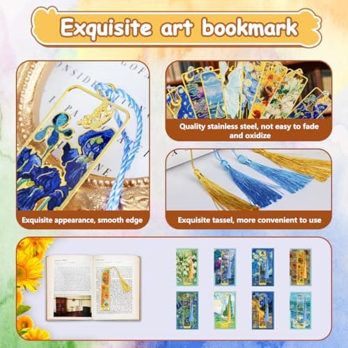 KInsound 8pcs Metal Bookmarks with Tassel, Golden Van Gogh Monet Oil Painting Theme Cute Book Markers for Reading Women, Men, Kids, Book Lovers, Reading Accessories Gifts for Book Lovers - Thumbnail 2