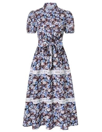 GRACE KARIN Women's 2026 Summer Floral Flowy Dresses Boho Tie Belt Short Puff Sleeve A Line Maxi Shirt Dress with Pocket Black Blue Medium - Image 1