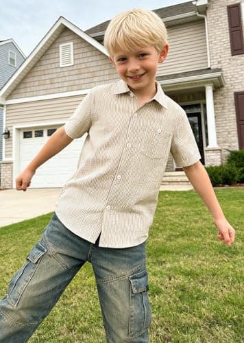 Cozople Khaki Shirts for Boys Button Up Shirt Casual Short Sleeve Funny Stripe Blouse Tops for Vacation Beach Party 7-8 Years - Thumbnail 2