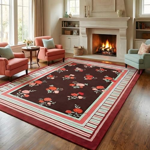 GarveeHome Red 5x7 Area Rug, Vintage Floral Design, Machine Washable Rug Low Pile, Lightweight Non Slip, Soft Carpet for Living Room Bedroom Dining Room Nursery