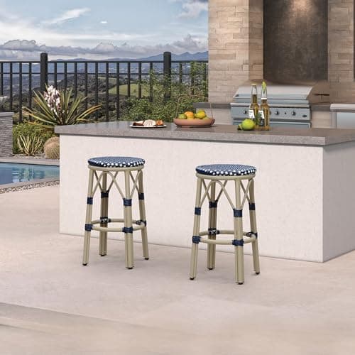 PURPLE LEAF Patio Round Counter Height Stool Set of 2 Outdoor Backless Barstools Aluminum Frame in Champagne Finish with NavyBlue & White Woven Rattan for Indoor Kitchen Dining Bistros Cafe Restaurant - Image 1